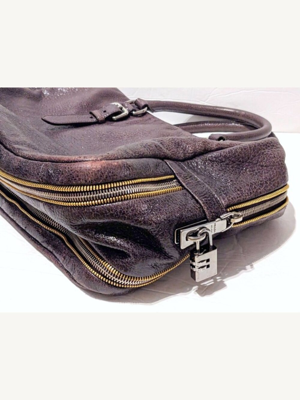 Prada Milano Bowler Sparkling Dark Mauve Leather Locket Zippered Handbag Luck - Picture 3 of 10